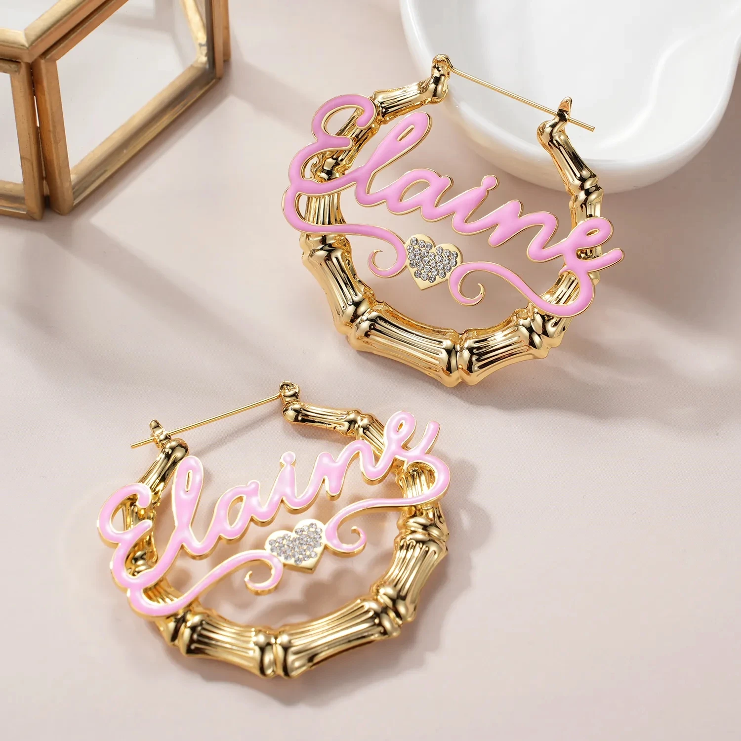 Women Fashion Custom Name Earring 18K Gold Plated Stainless Steel Earrings Bamboo Earrings Hoop Earring 2023 Mother's Day Gifts