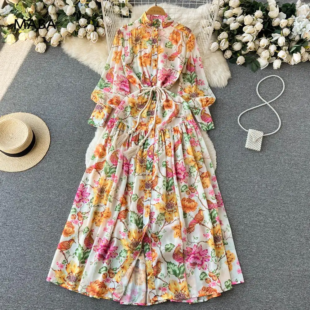 

Spring New Women Yellow Floral Chiffon Long Dress Stand Collar Lantern Long Sleeve Belt Elegant Beach Holiday Dress Vestidos