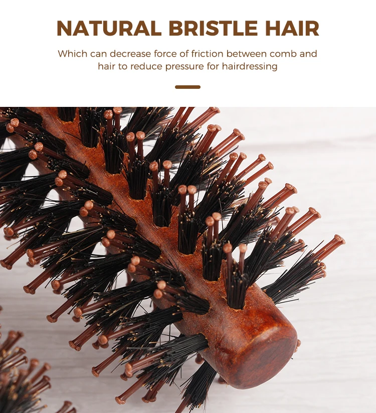 6-Stil, Holzgriff, rund, gerade, Twill-Haarkamm, Rollbürste, Wildschweinborsten, rundes Fass, Lockenbürste, Friseurwerkzeug – Detail 7