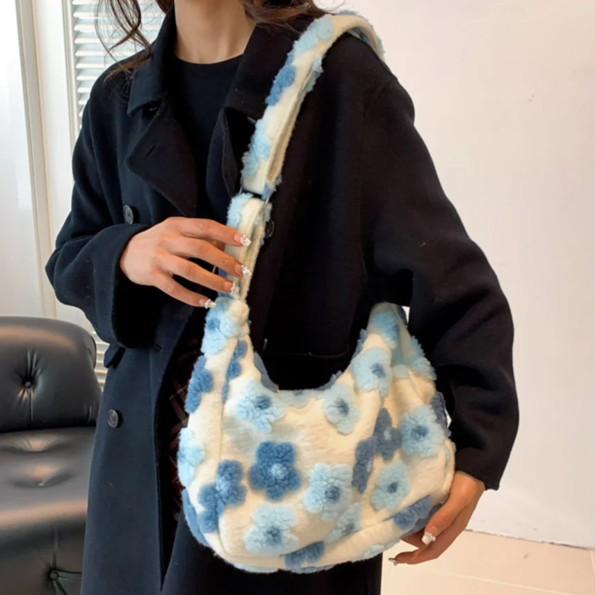 Winter Fluffy Ladies Tote Handbag Flower Print Furry Satchel