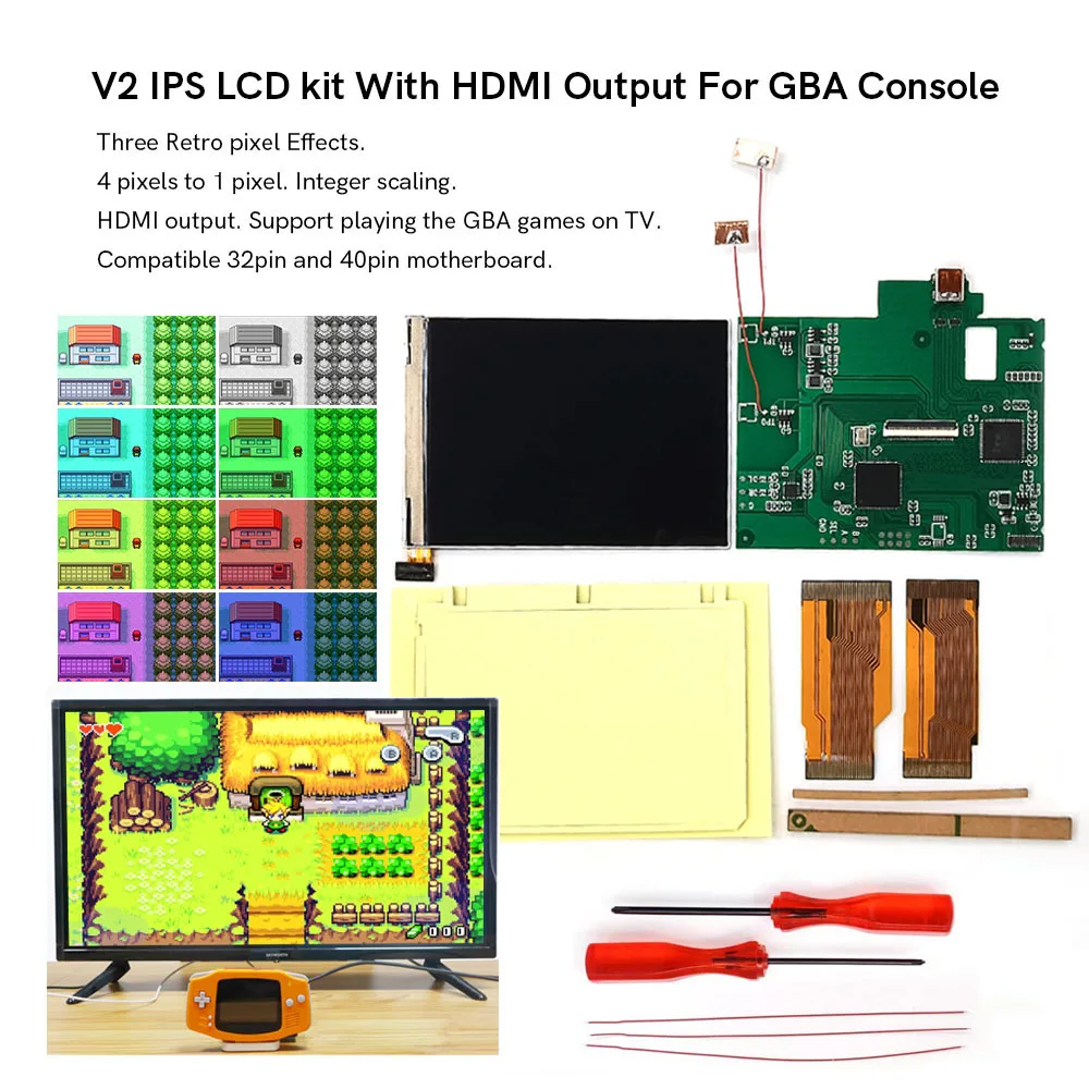 

2023 Retro Pixel V2 IPS TV LCD kit With HDMI-Compatible Output For GBA For Gameboy Advance GBA V2 IPS Backlight Brightness LCD