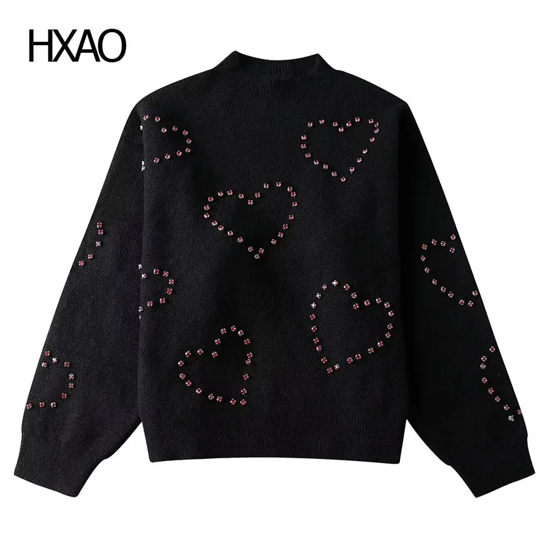 

HXAO Cashmere Sweater Women Rivet Long Sleeve Pullovers Rhinestone O-Neck Cropped Sweater Woman's Jumper Female New Knitwear