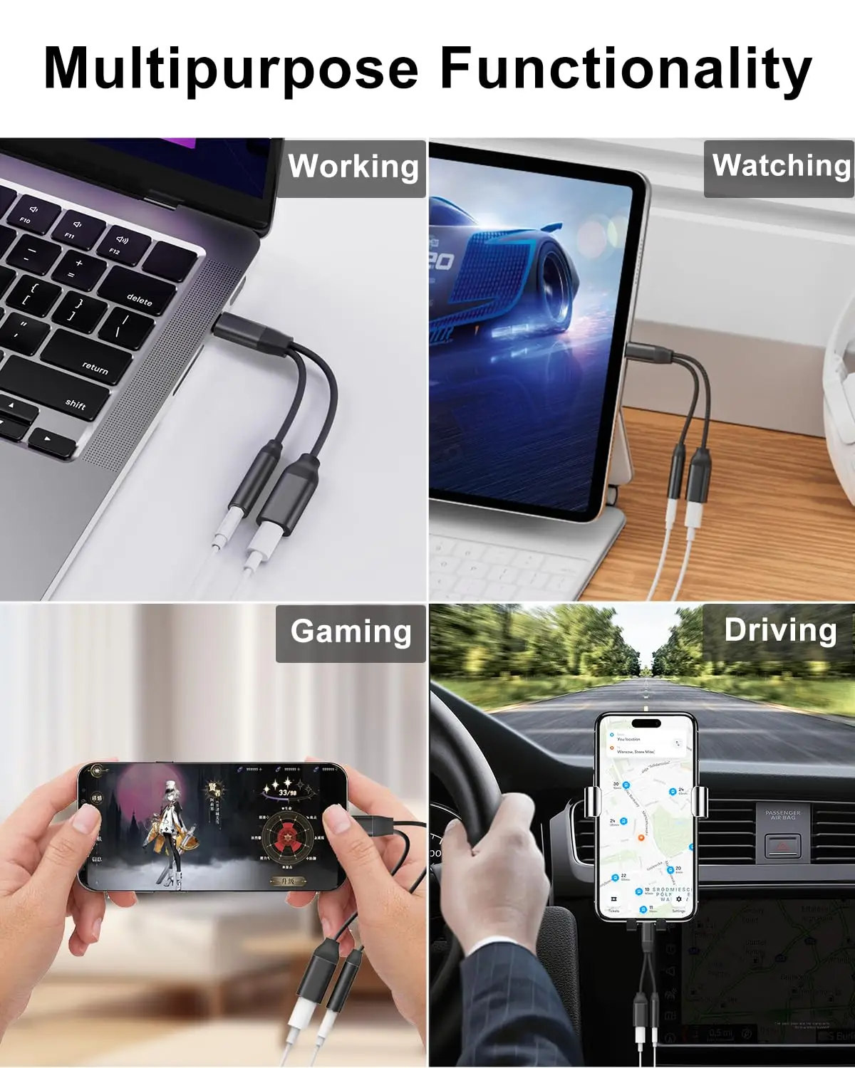 2 in 1 듀얼 USB C 헤드폰 충전기 어댑터 유형 C 오디오 커넥터 PD 60W 고속 충전 분배기 iPhone 15 용 Aux 케이블