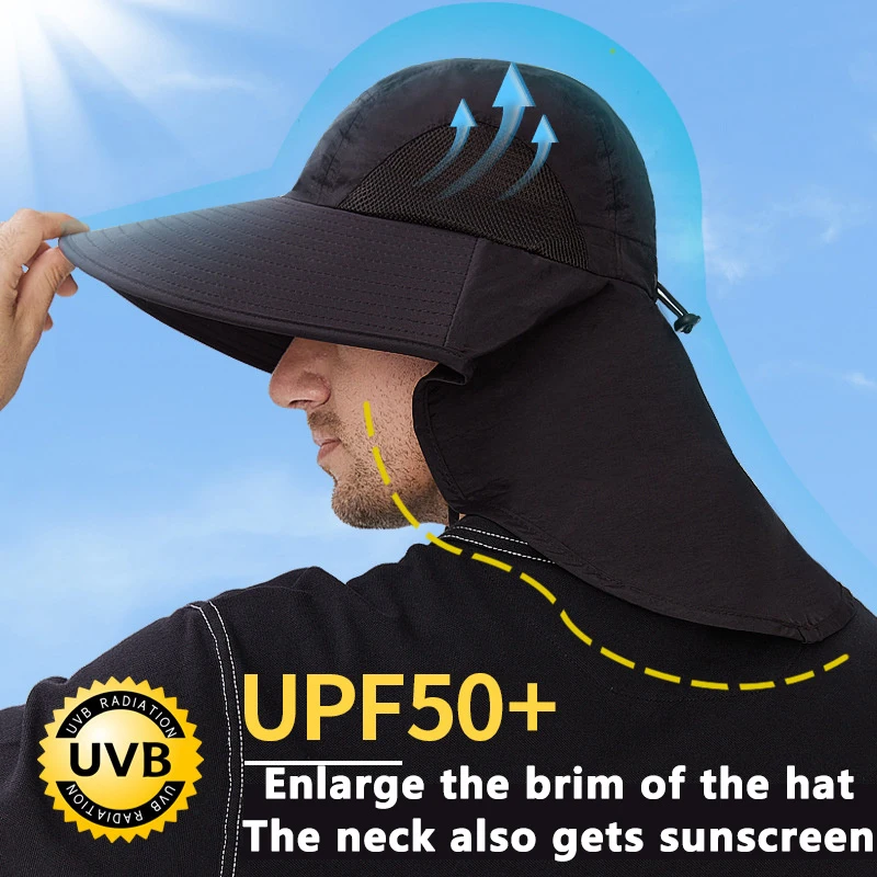 Fisherman Hat Outdoor Sports Jungle Hiking Fishing Wide Brim Bucket With Neck Cover Quick Dry Men Sun Protected