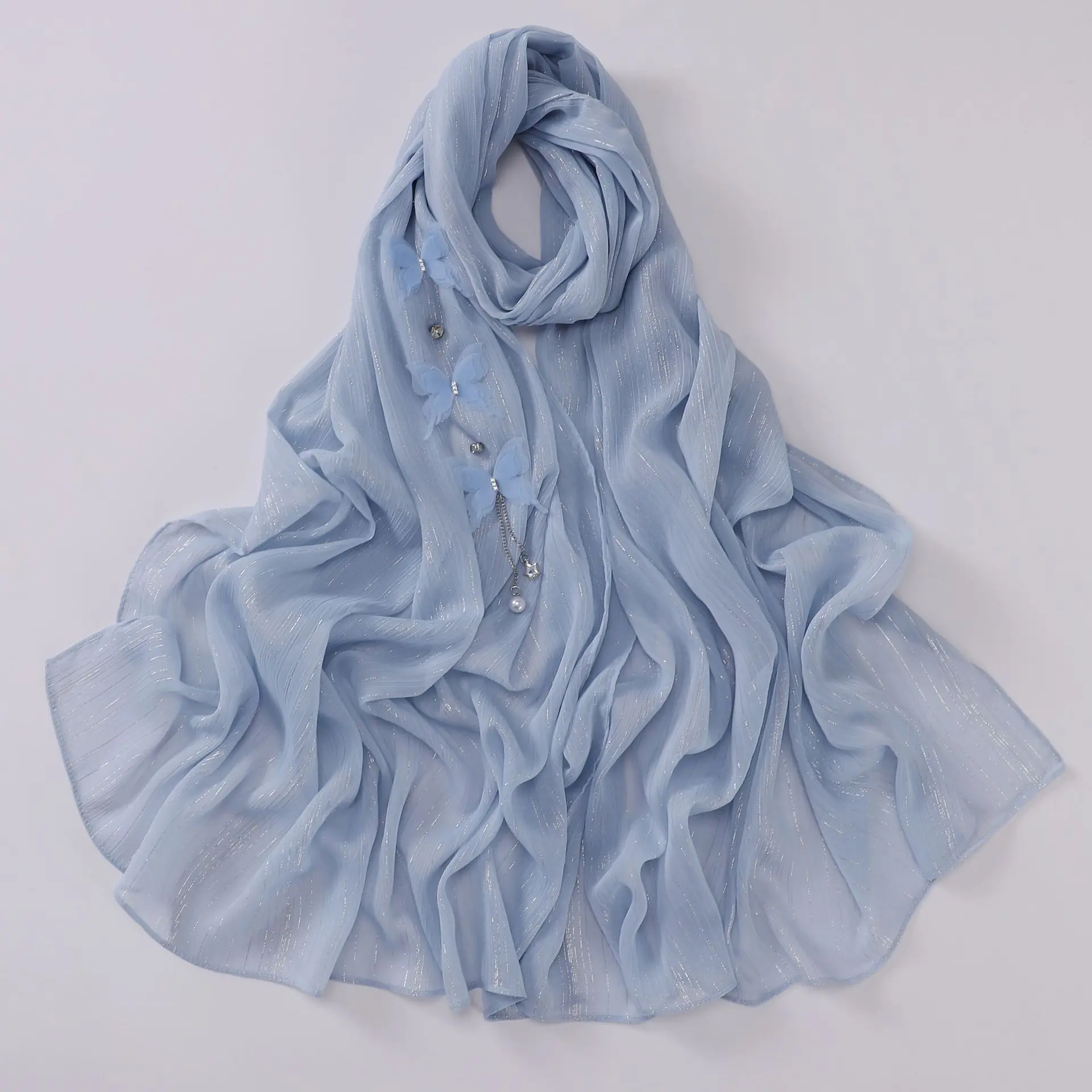 Luxury Shimmer Chiffon Muslim Hijab Butterfly Accessories Pearl Pendant Silver Wire Scarf Wrap Islamic Turban Hijab for Women muslim headwear head scarf hijab headscarf