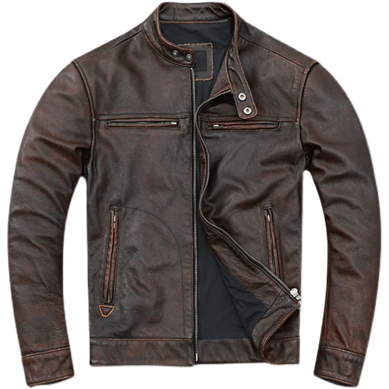 

Retro Distressed Cowhide Leather Jacket Men's Real Motorcycle Youth Slim Fit Unlined Coat Fashion