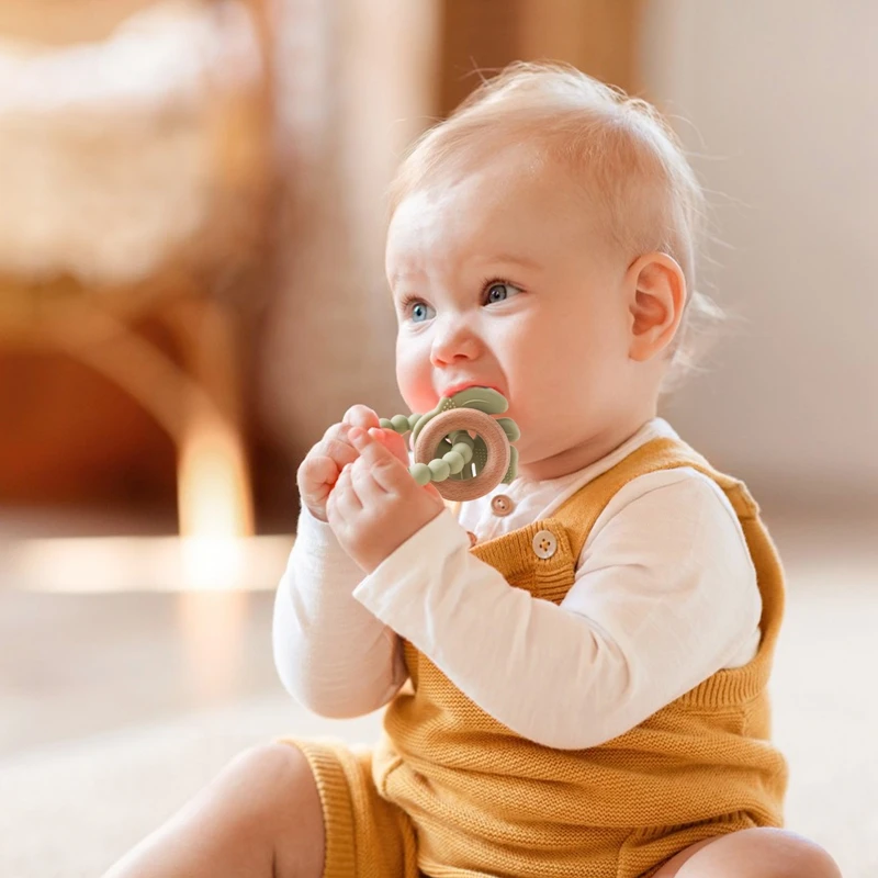 Silicone Teething Toys Baby BPA Free Bracelet Leaf Wooden Ring