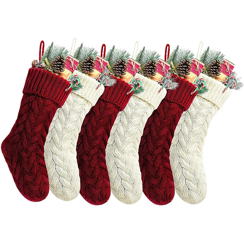 

New Large Size Hanging Ornament Storage Bag Red Unique Burgundy And Ivory White Knit Christmas Stockings For Family Decoration