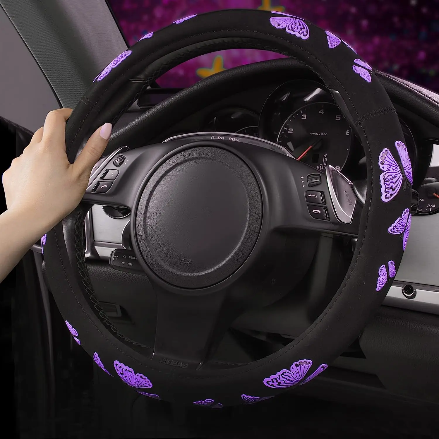 Car Purple Butterfly Steering Wheel Cover Universal Fit for Suvs Trucks Sedans Cars for Cute Women Girly Black and Purple images - 6