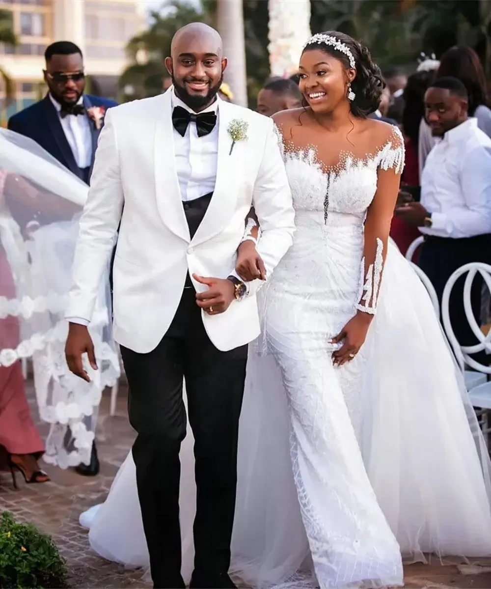 

Arabic Dubai Wedding Dresses Overskirt Appliques Beading Long Sleeve Illusion Bridal Gowns Vestidos De Noiva Robe Mariee