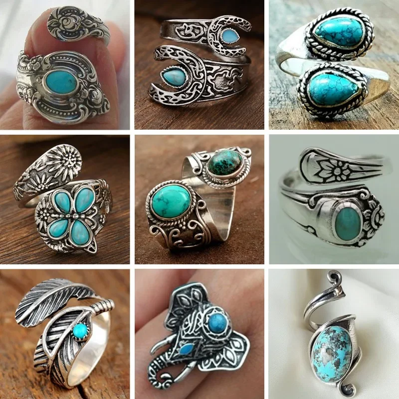 Women Jewelry Bohemian Ethnic Style Creative Faux Turquoise Opening Adjustable Ring Retro Party Personality