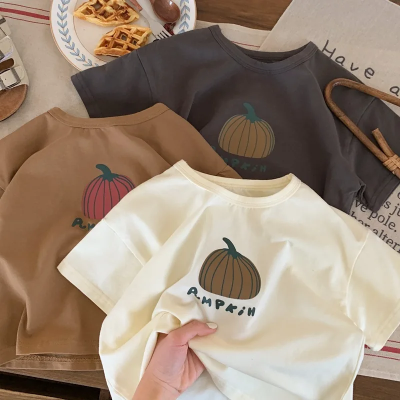 Kids Clothes Little Pumpkin Print T-shirt Casual Loose Crewneck Tops Boys And Girls Thin Cotton Solid Color Tees Short Sleeve