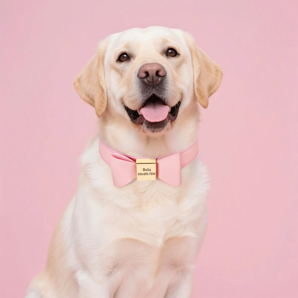 Personalized Dog Collar Cute Bowknot Engraved Dog Collars PU Leather Puppy Cat Necklace Adjustable for Small Medium Large Dogs