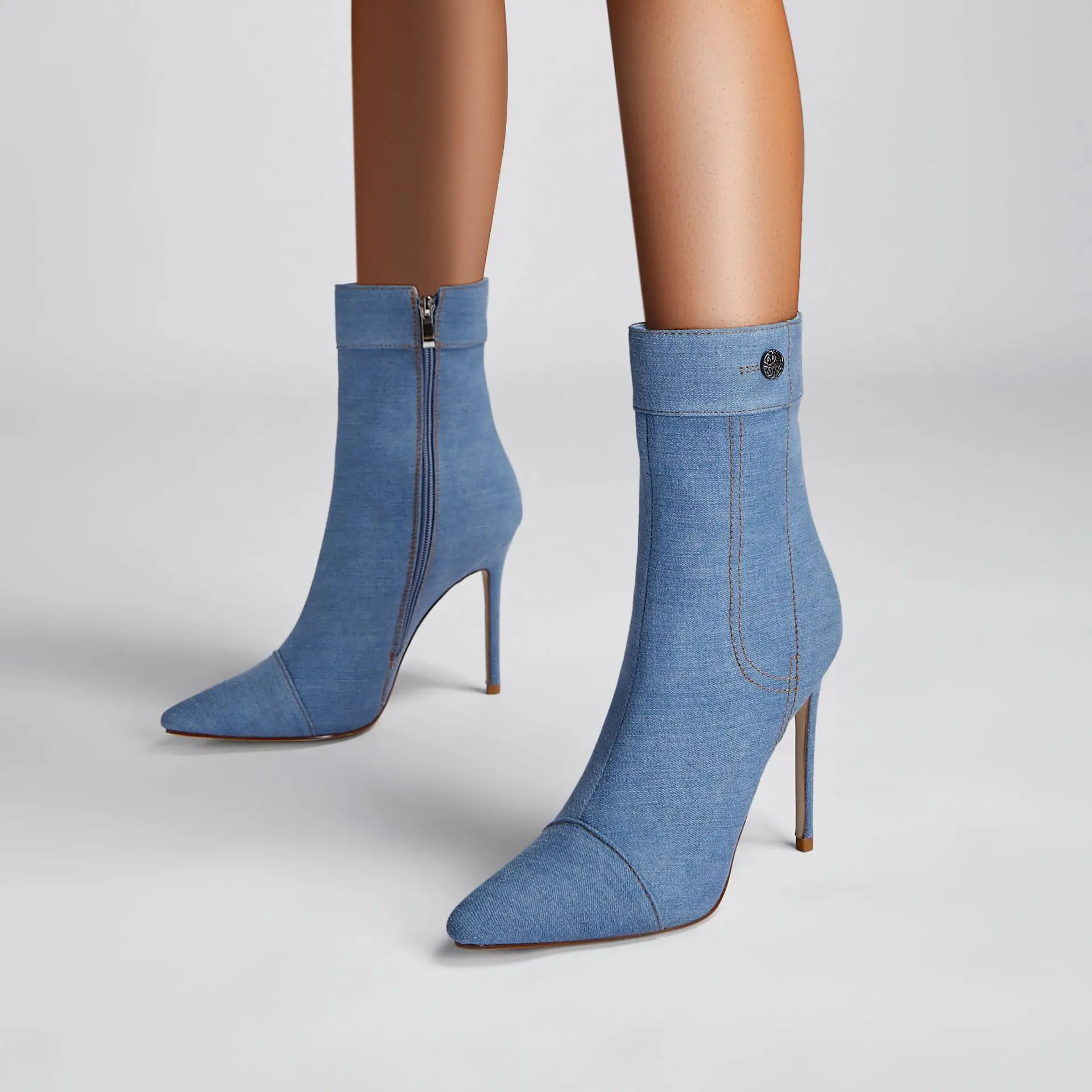 

Fashion Woman Spring Autumn Denim Stiletto High Heels Short Boots Pointed Toe Female Side Zipper Blue Boots