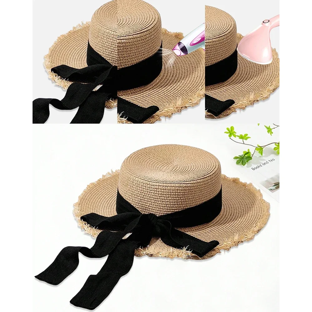 Beach HatJapanese Everything Hairy Edge Straw Hat Female Summer Flat Top Outing Sun Hat Small Fresh Bow Sun Shade Beach