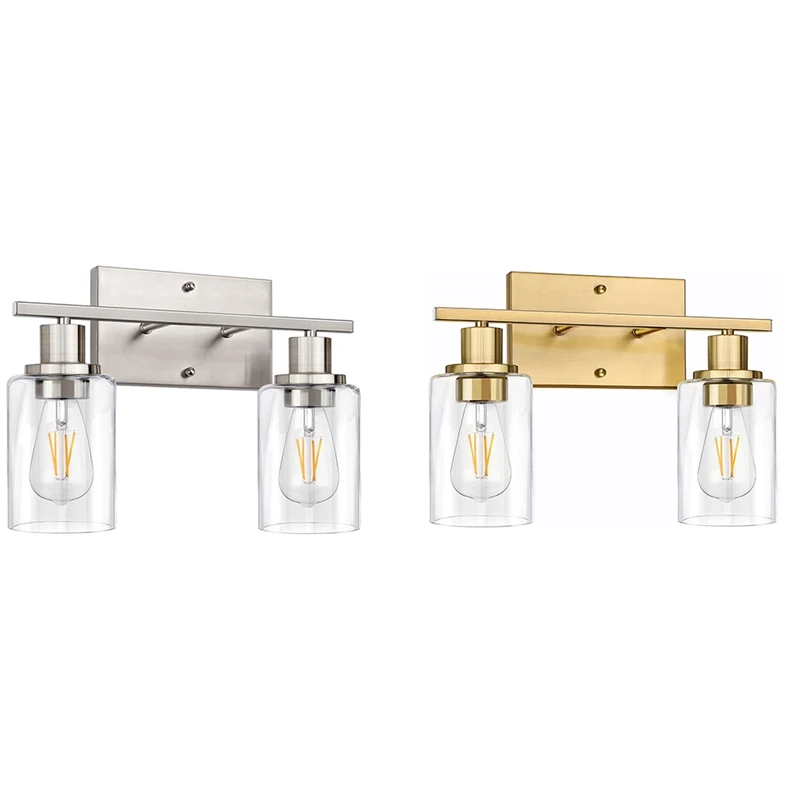 

2-Light Bathroom Vanity Light Fixtures, Modern Wall Lighting With Clear Glass Shade, Brushed Wall Sconce Lighting