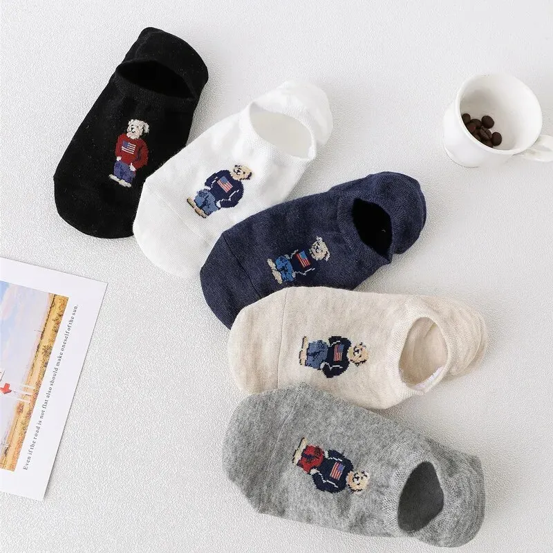 Bear Embroidered Cartoon Bear Boat Socks 5 Pairs Super Cute Bear Embroidered Cartoon Bear Boat Socks Soft Comfortable Sweat Wicking Versatile Short Socks