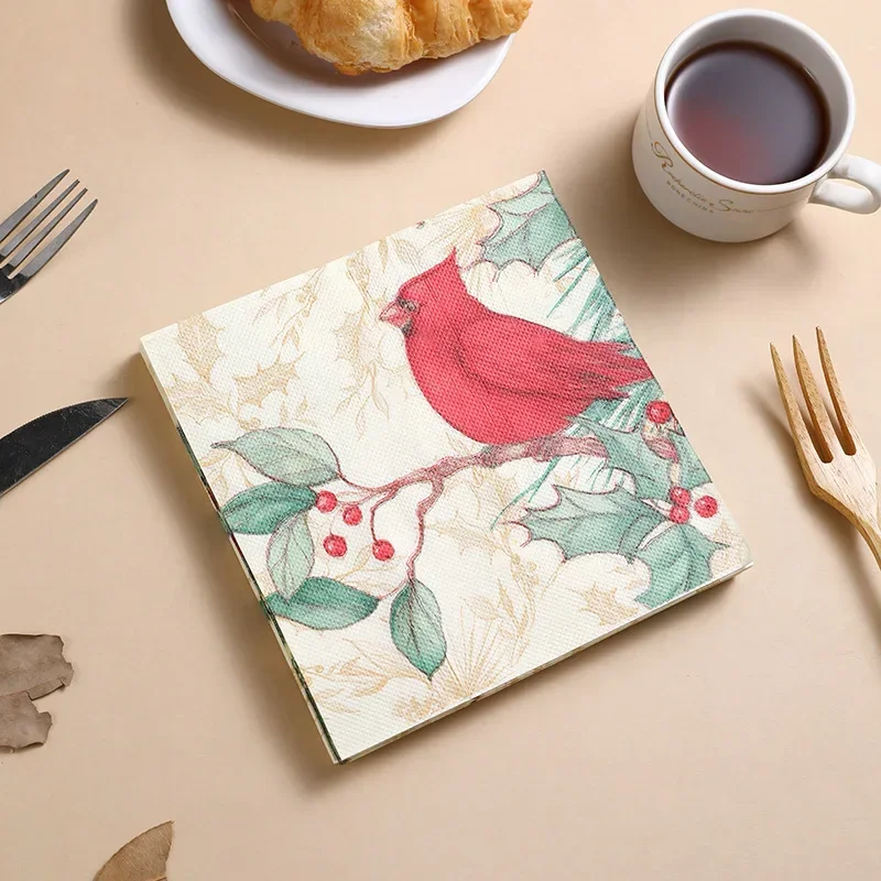 10/20pcs 33cm 2-Ply Christmas Printed Napkins Botanical Flowers & Birds Series Kitchen Table Decoration Square Napkins