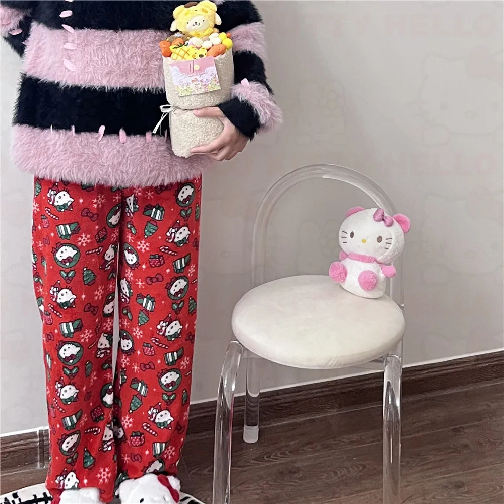

Рождественские Брюки, оригинальные Пижамные брюки в стиле аниме Kuromi, зимние теплые домашние повседневные брюки, флисовые Пижамные брюки на Хэллоуин
