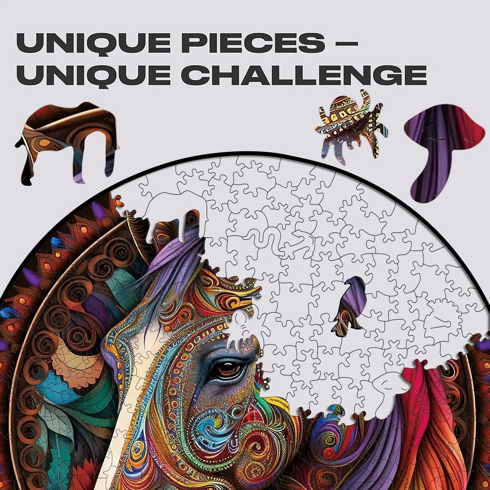 Wooden Puzzle Mandala Horse 3D Wood Jigsaw Puzzle Retro Toys Wooden Animal Puzzles Board Game For Adults Kids With Wood Gift Box 3