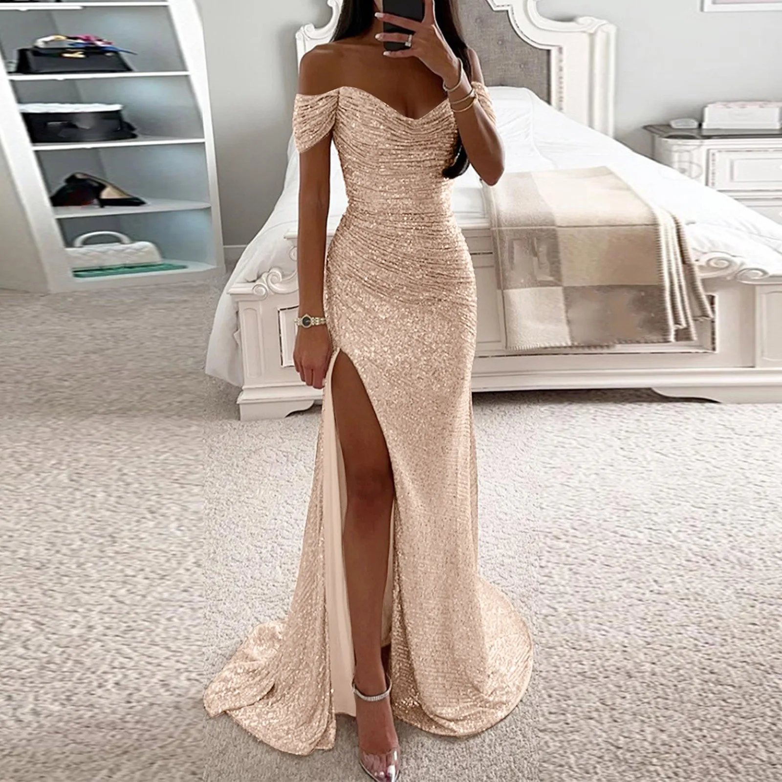 prom dresses vestidos guindas de noche Vestidos de fiesta con hombros descubiertos para mujer, sexys, con  lentejuelas, sin mangas, lisos, largos hasta el suelo, elegantes vestidos  de noche para dama de honor, vestidos de fiesta Bodega Aurrera