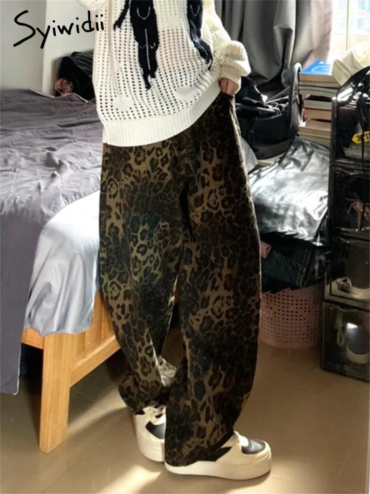 Syiwidii 여성용 하이 스트리트 레오파드 무늬 청바지, 빈티지 스트리트웨어, 헐렁한 와이드 레그 데님 바지, 캐주얼 Y2k 스트레이트 청바지