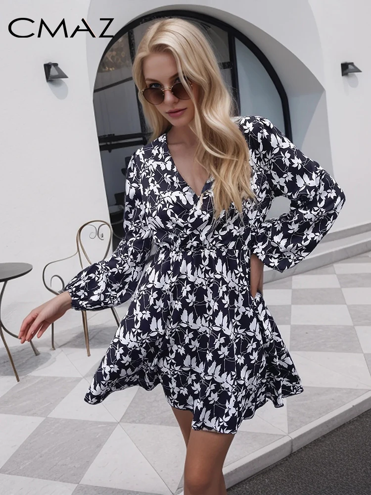 

CMAZ Retro Printed Dress Elegant High Waist A-line 2024 Spring Women's Floral Dress Casual Long Sleeve V Neck Dresses JK8893