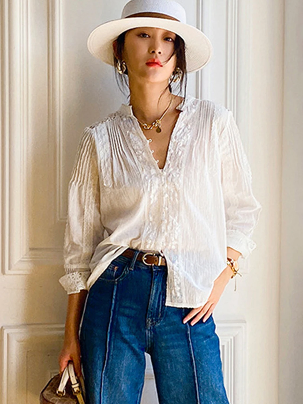 

Jastie French Elegant Lace Cardigan Shirt Women Cotton Chic Button V Neck Long Sleeve Bluoses Solid Color Commute Tops Female