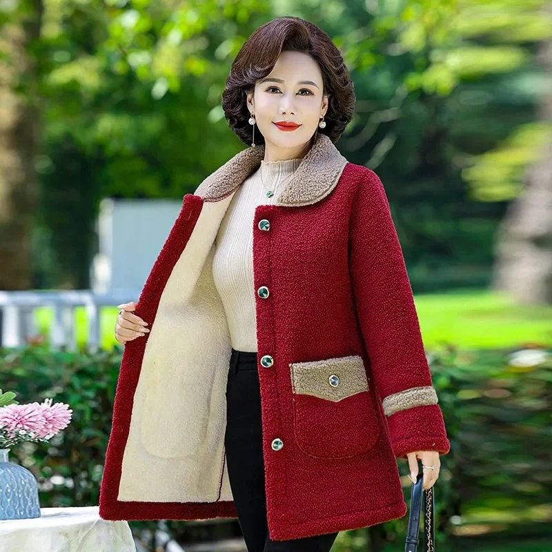 

Middle Aged Women's Winter Jacket Lamb Wool Coat New Thicke Cotton Padded Jacket Warm Mid Long Particle Fleece Coat Female Parka