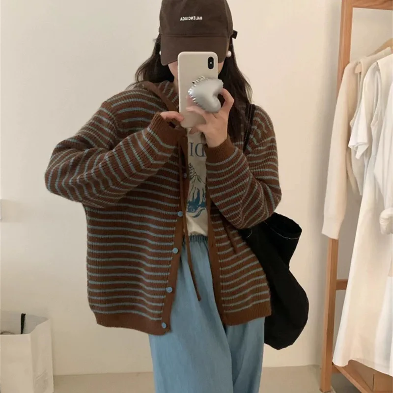 

Striped Hooded Knit Cardigan Women's 2023 Autumn Winter New Korean Style Casual Loose Sweater Coat Cardigan Mujer