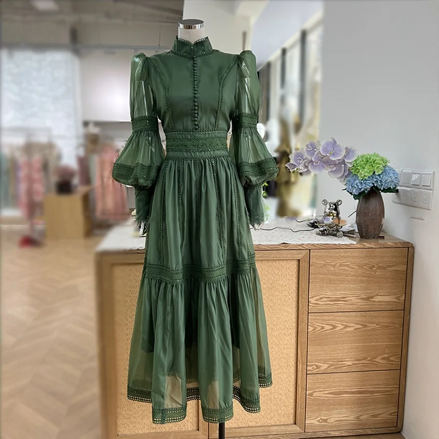Elegant Long Dress Fairy Style Stand Up Collar Lantern Sleeves Splicing Waist Fashion Dresses Women 2025 Spring Autumn 1351