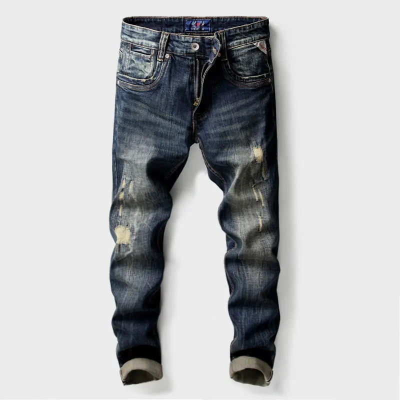 

Fashion Streetwear Men Jeans Retro Black Blue Stretch Slim Fit Patched Ripped Jeans Men Embroidery Designer Vintage Denim Pants