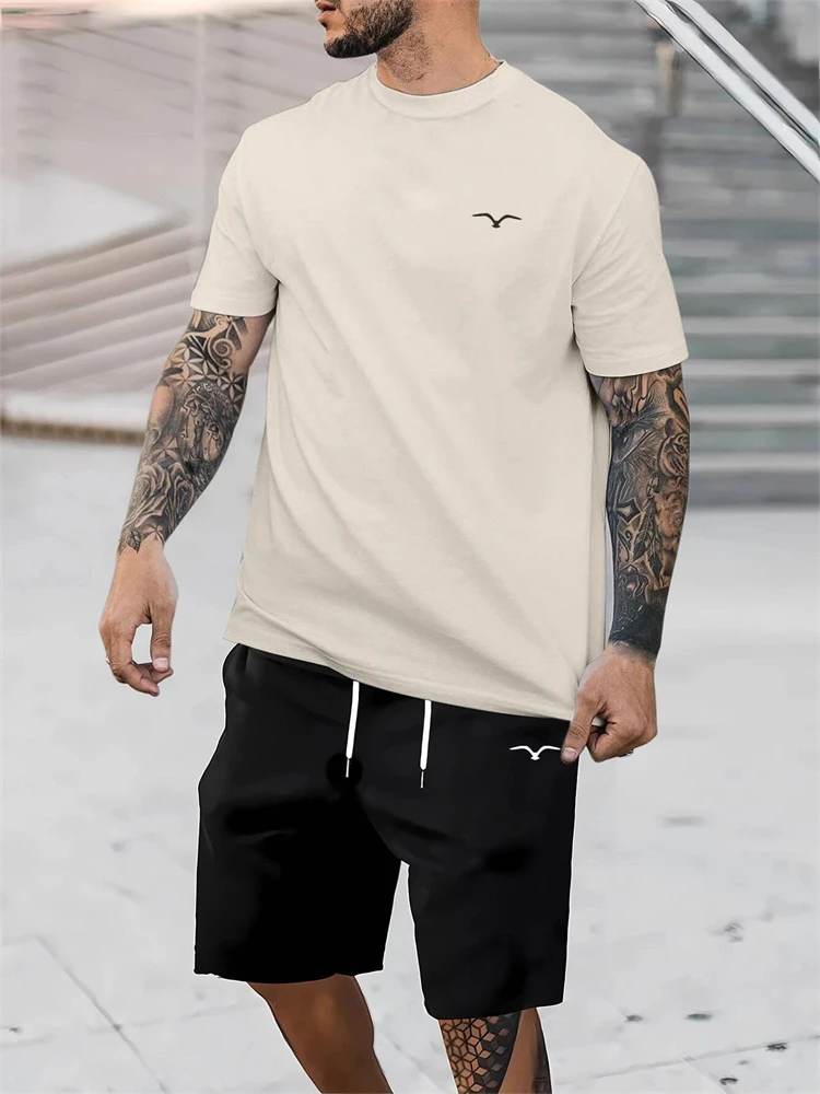 2024 New Men's Casual Short-Sleeved Shorts 2-Piece Urban Street Fashion T-Shirt Shorts Suit Men's Seagull Logo Printed Tracksuit - Image 3