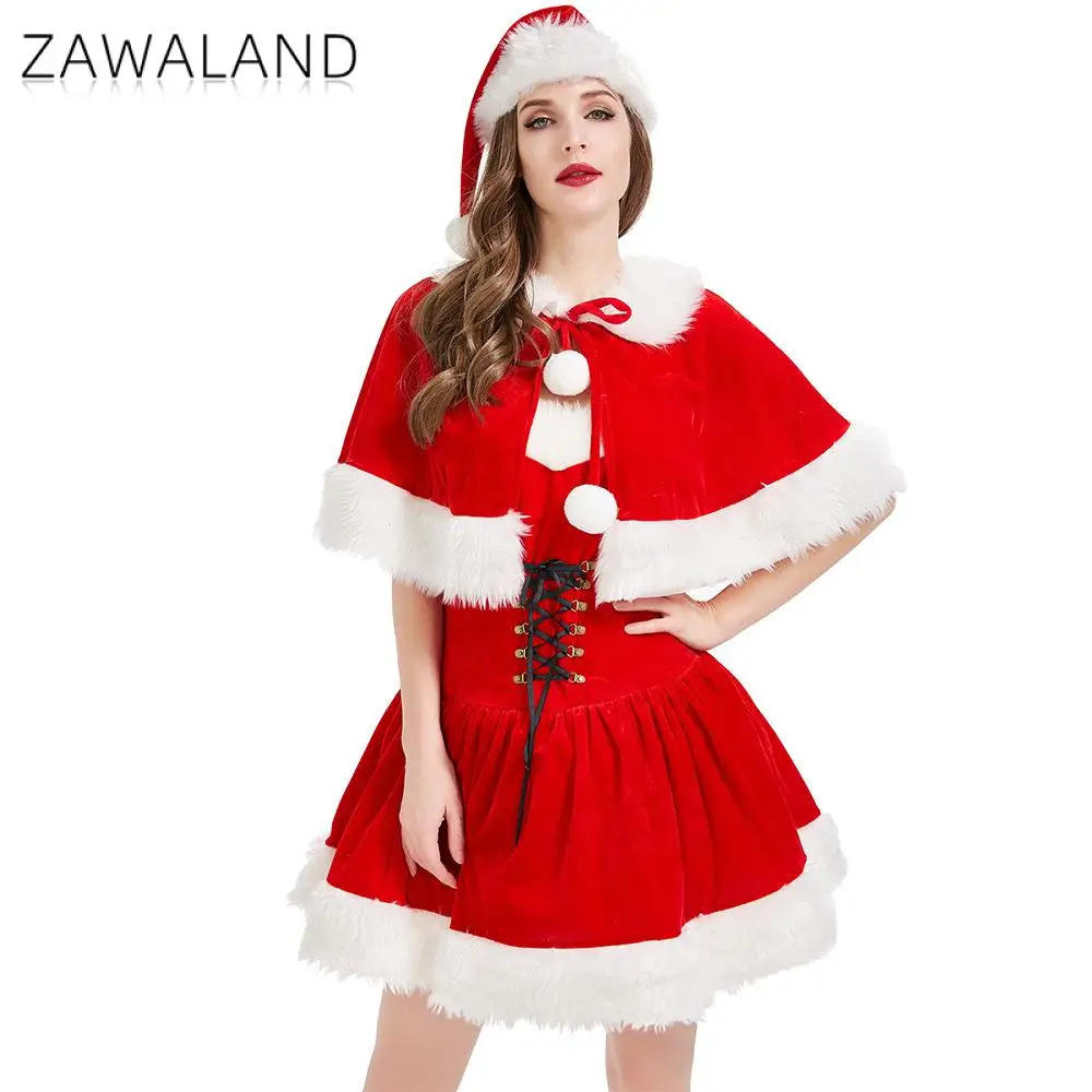 

Zawaland Women Christmas Dress with Cape Xmas Party Sexy Red Suit Girls Santa Claus Clothes Holiday Carnival Outfit with Hat