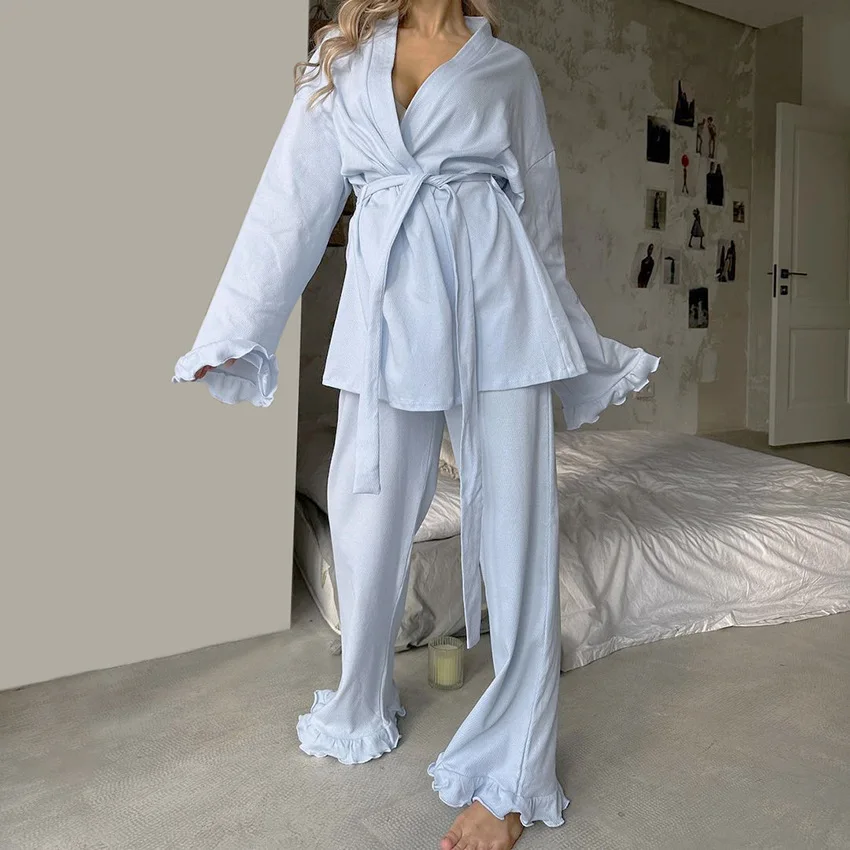 2023 Imitation Silk Pajamas For Women Solid Cardigan Long Petal Sleeve Pants Nightgown 2Pcs Casual Loose Ladies Home Sleepwear