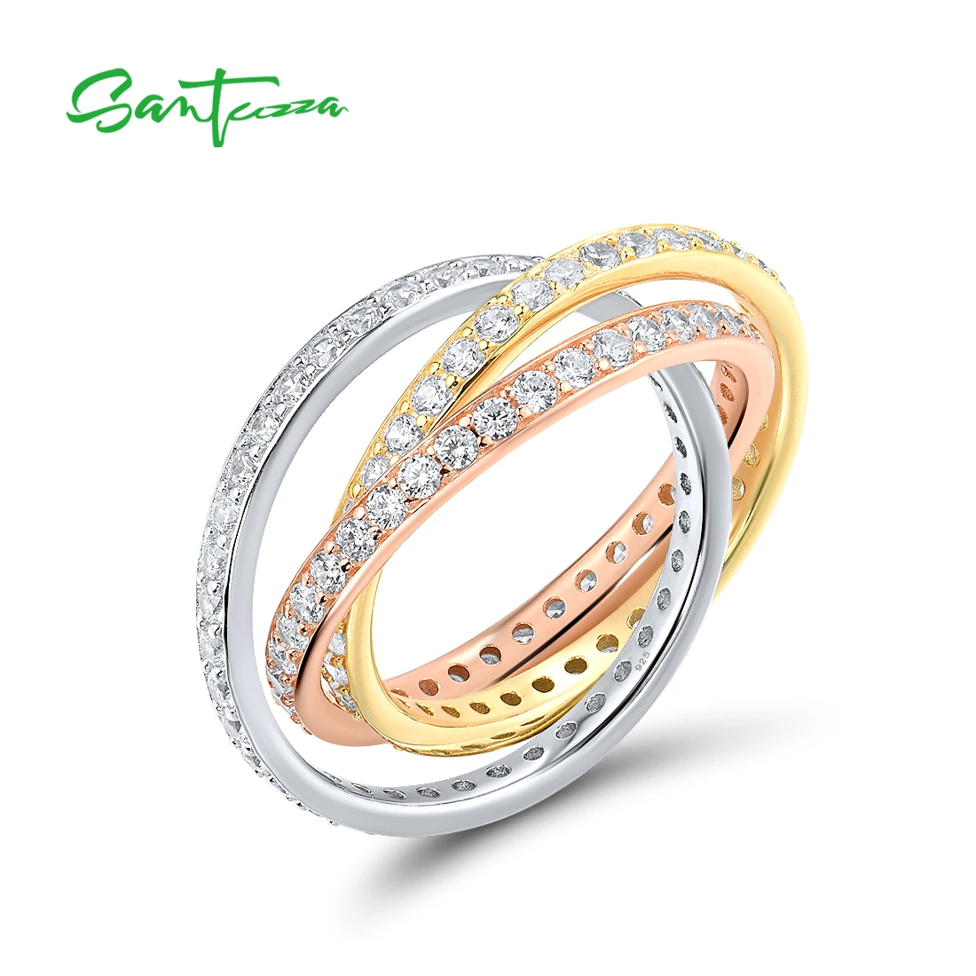 

SANTUZZA Real 925 Sterling Silver Twisted Tricolor Ring For Women Sparkling White Cubic Zirconia Chic Trendy Gifts Fine Jewelry