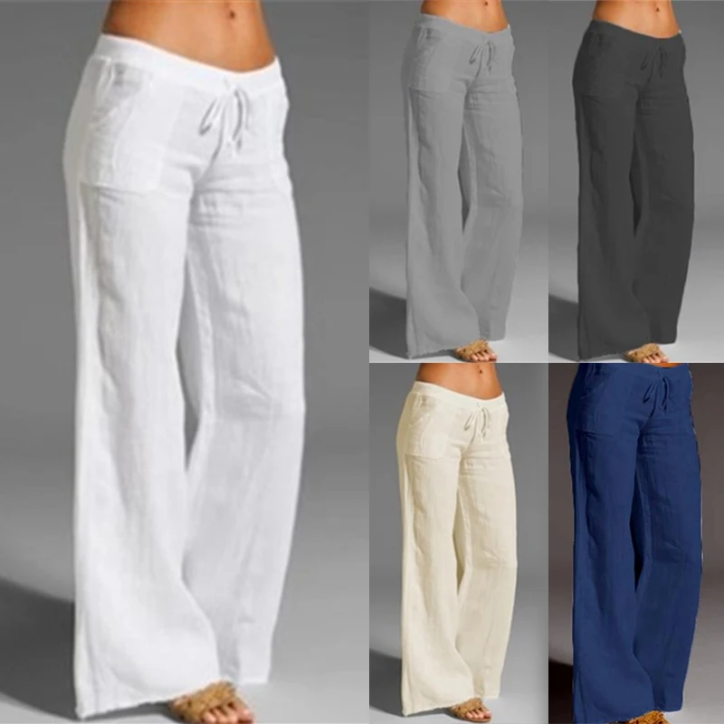 

Брюки женские с завышенной талией и широкими штанинами, повседневные модные тонкие штаны из хлопка и льна с карманами, однотонные длинные с эластичным поясом