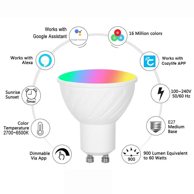HomeKit LED Spotlight GU10 WiFi Smart App Dimming RGBCW Light Bulb Siri Alexa Google SmartThings Alice Voice Control Home Assist smart led light bulbs