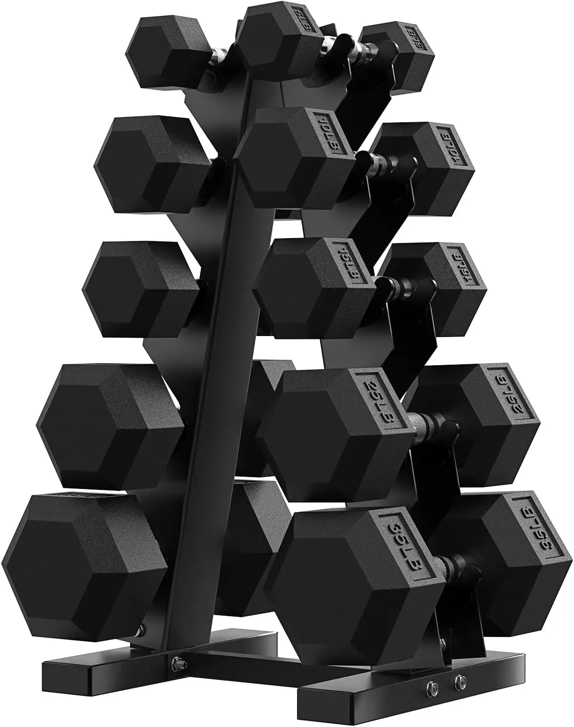 Hex Dumbbell Set with Rack - Rubber Coated Cast Iron Weights, Non-Slip Chrome Handles, Space-Saving Home Gym Set for Strength