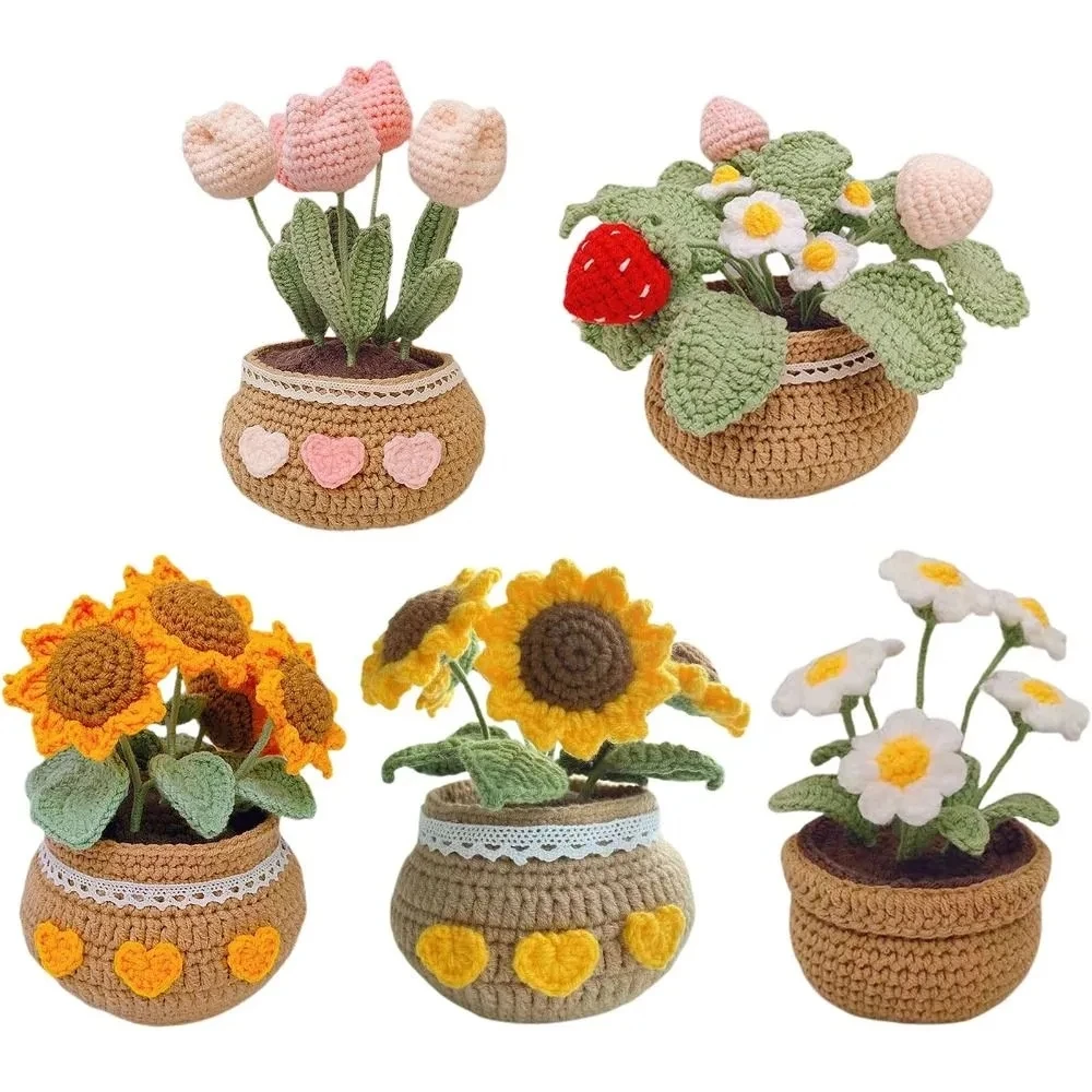

No Finish Tulip Flowers Plant Potted Crochet Knitting Kit Wool Yarn Crochet Material Kit For Women DIY Beginner Decoration Gift