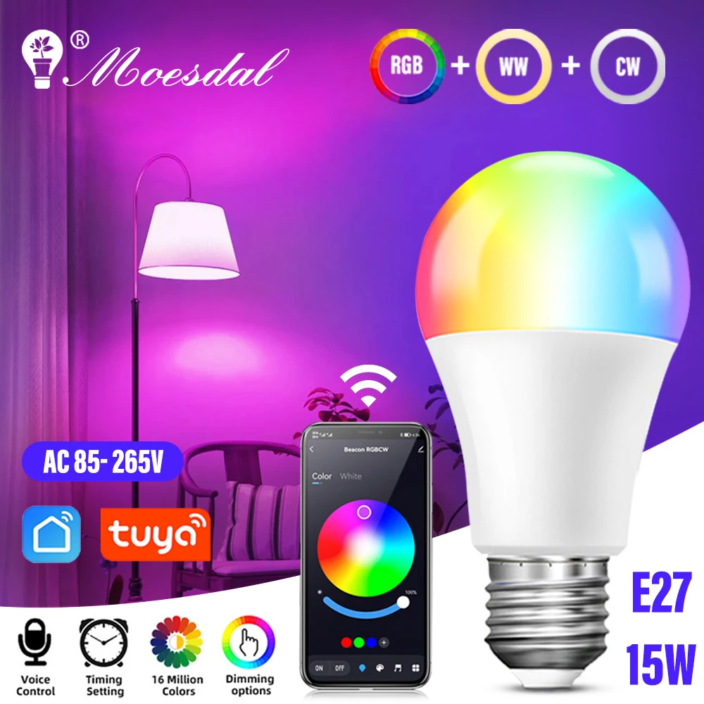 E27 Bluetooth 4.0 Smart RGBCW 15W TUYA App Dimmable Color Changing Music Sync for Home Bedroom Hotel Bar Party