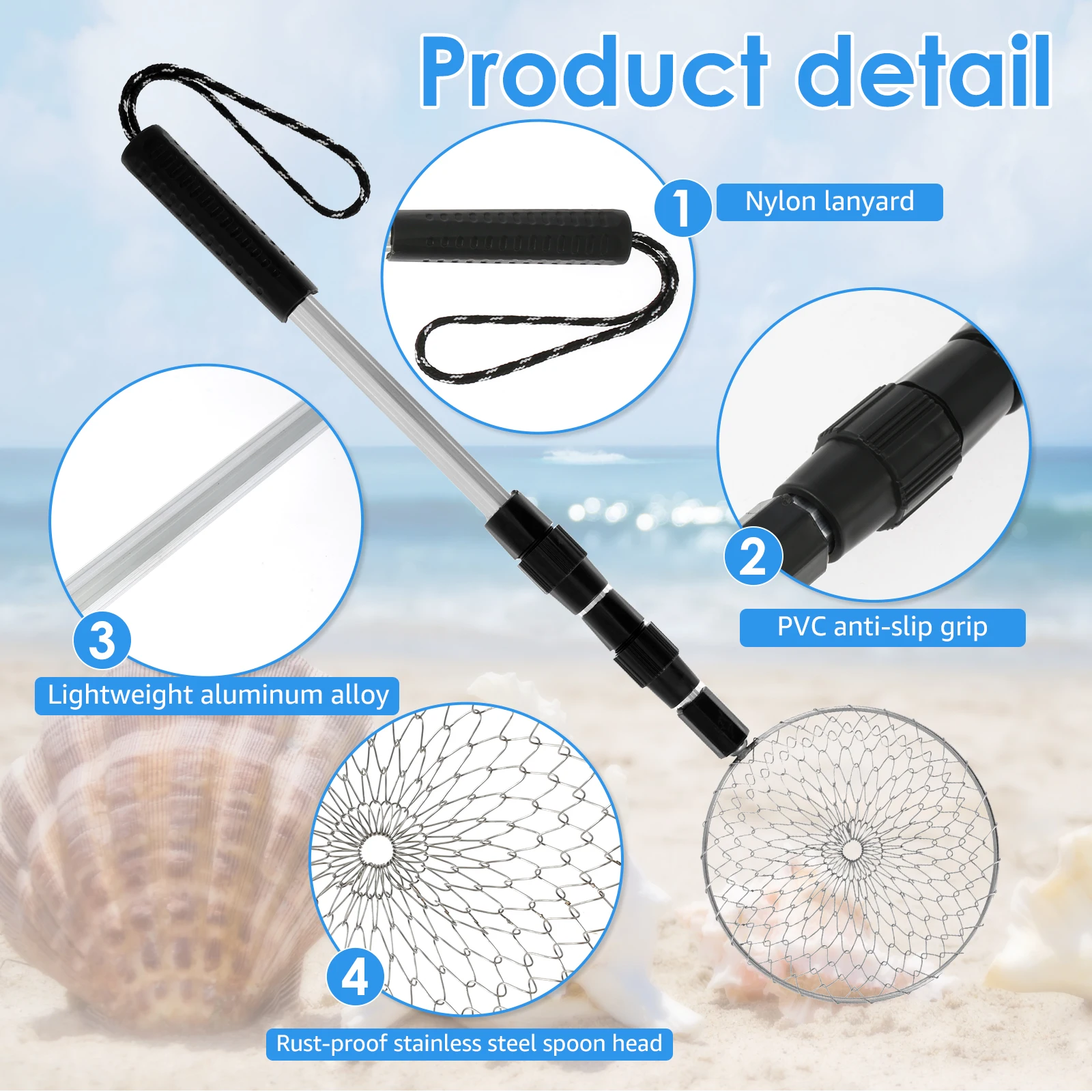 2Pcs Beach Sand Sifter Telescopic Shell Scooper Sifter Stainless Steel Shark Teeth Tool Lightweight Sand Scoop Shovel