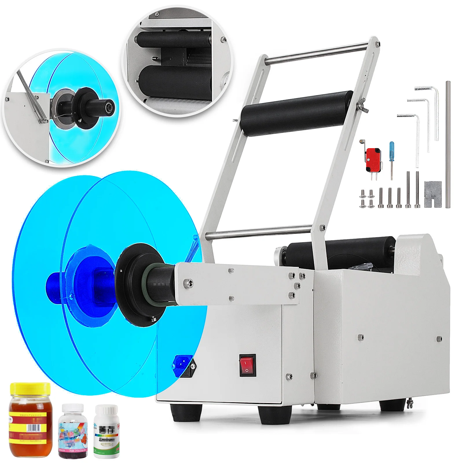 SucceBuy MT-50 Machine d'étiquetage de bouteilles semi-automatique imprimante adhésive électrique avec ronde pour bouteille en plastique verre métal PET