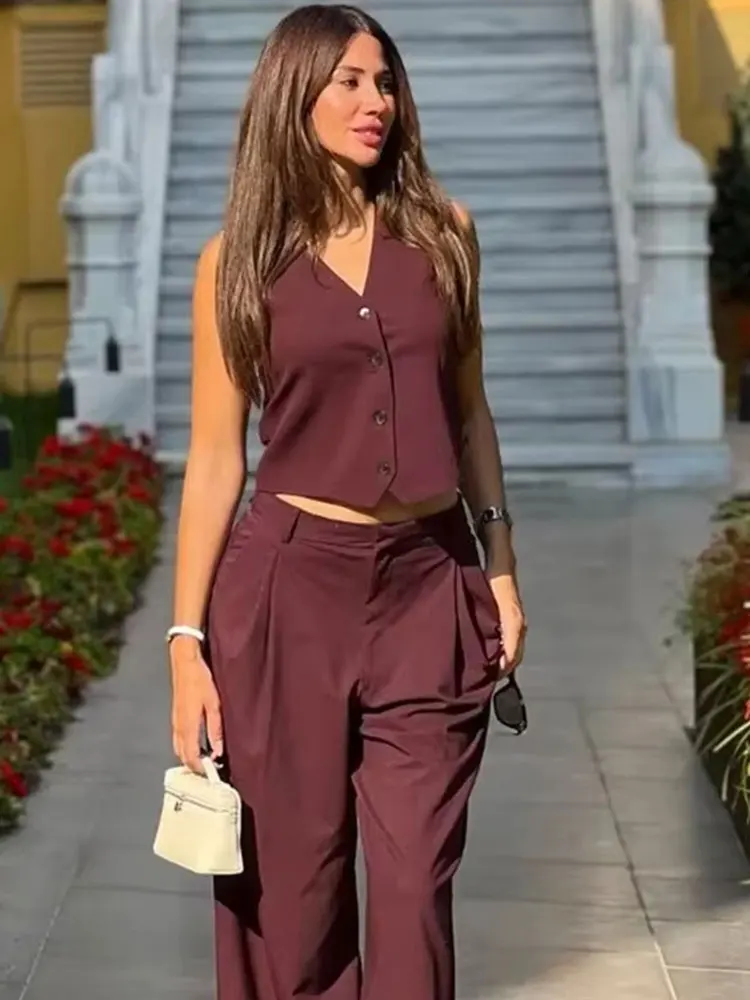 HH Women Fashion Burgundy Vest Single Breasted Sleeveless Vest Top 2025 New Fashion Woman Casual Office Lady Chic Tops
