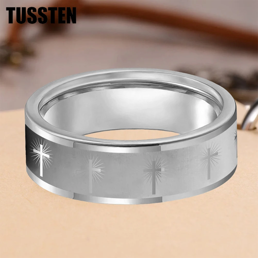 TUSSTEN 6/8MM Beveled Matte Tungsten Ring Laser Engraved Luminous Cross For Comfortable Fit