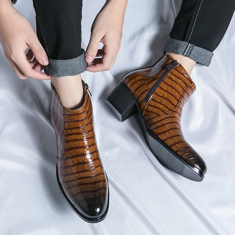 Leather High Heeled Boots Men Fashion Mens Chelsea Formal Shoes Business Casual Ankle Boot Men Dress High Heel Shoe