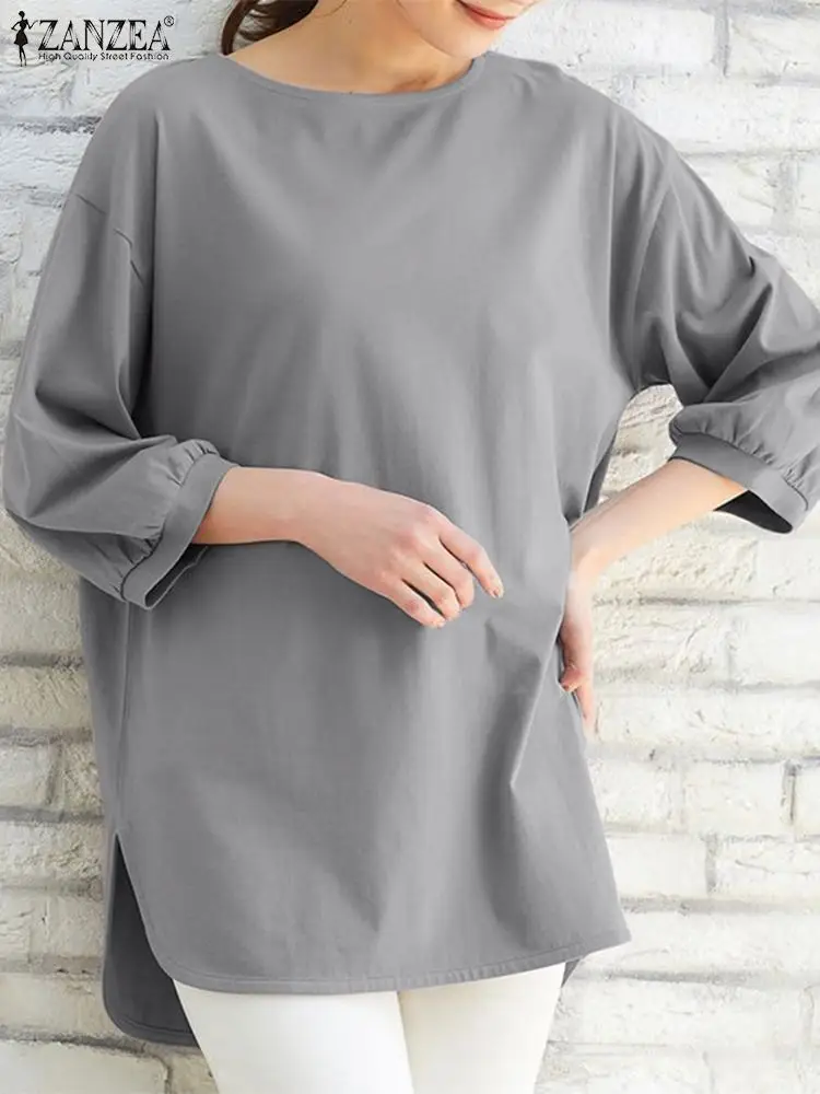 

2023 ZANZEA Woman Vintage Solid Blouse Autumn Casual Split Hem Tops 3/4 Sleeve O-Neck Tunic Shirt Female Elegant Holiday Chemise