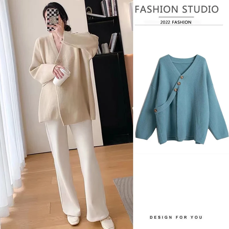 3084# Autumn Winter Knitted Maternity Cardigan Sweaters Chic Ins Loose Warm Shirt Clothes for Pregnant Women Pregnancy Tops