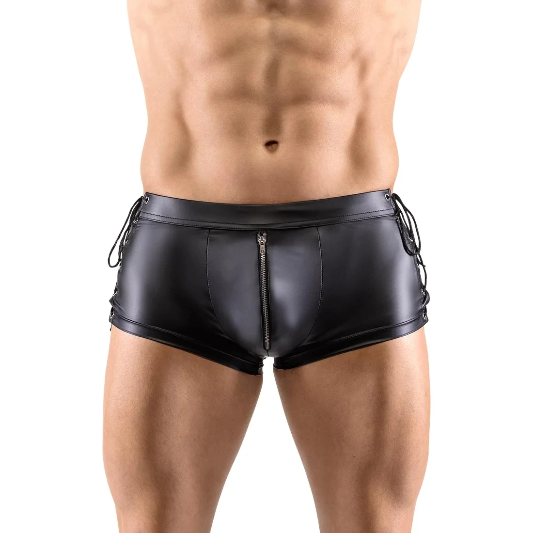 Black Leather Look Side Lace Up Mens Sexy Lingeries Boxers Shorts Panties Underwear Underpants Male Exotic NIght Club Dance Wear