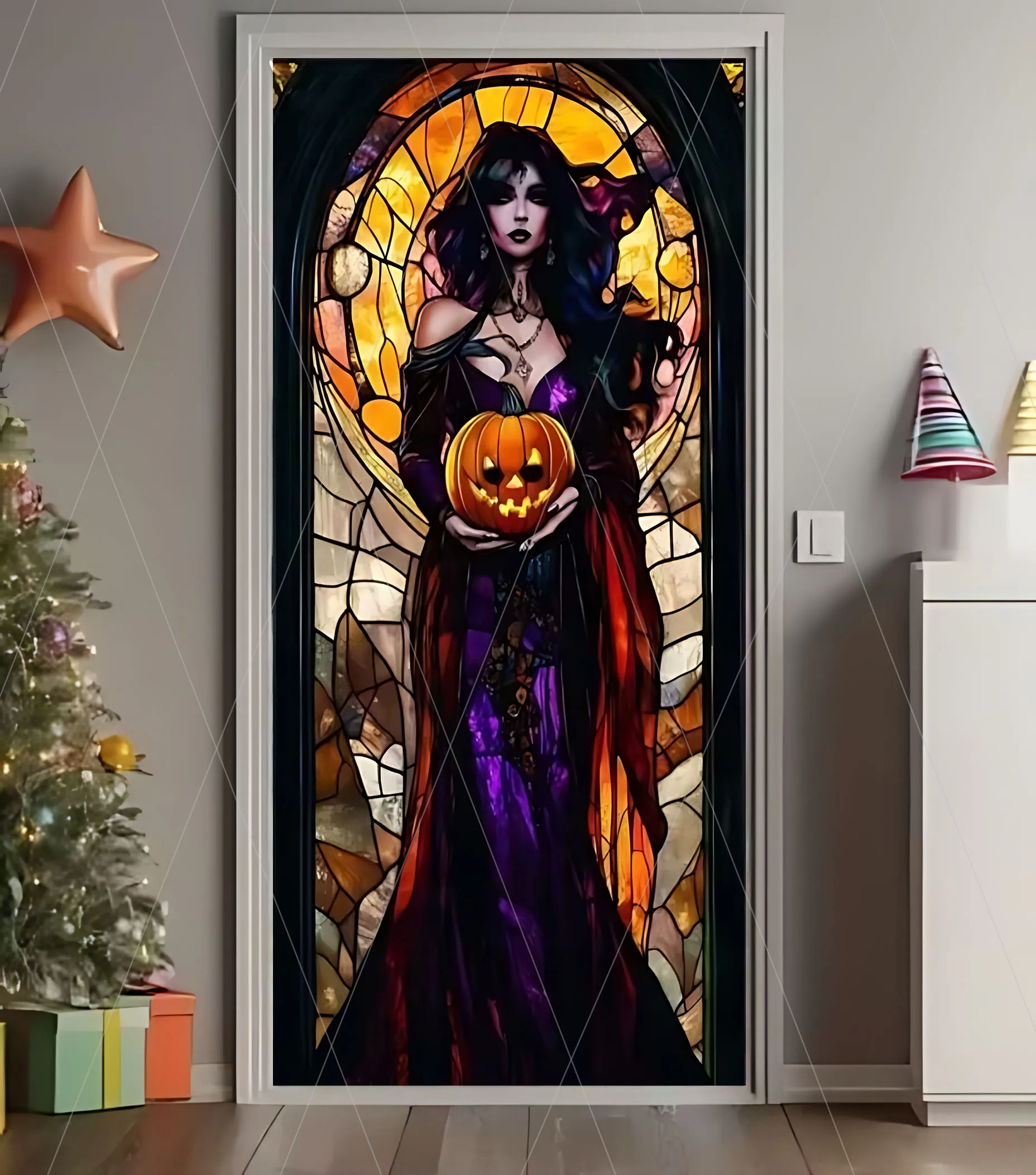 Albtraum Horror Halloween Tür Abdeckung Hintergrund Hexe Kürbis Laterne Party Tag der Toten Cartoon Dekoration Supplie Hintergrund – Detail 2